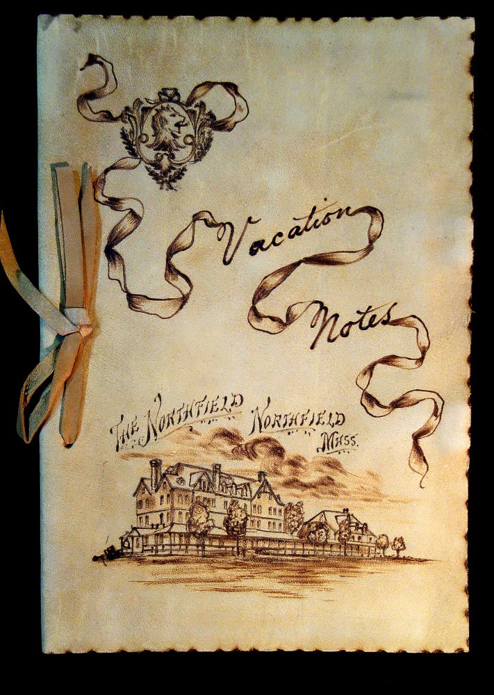 Item #24020324 Vacation Notes - Pyrography Decorated Suede Cover Depicting the exterior of "The Northfield", Northfield MA, July 3 - 12, 1898.
