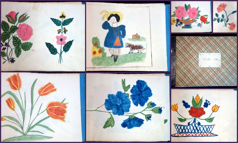Item #25002134 School Girl Art - Dear Naive Watercolors of Flowers and a Young Girl w Hand Constructed Album Christina Potts