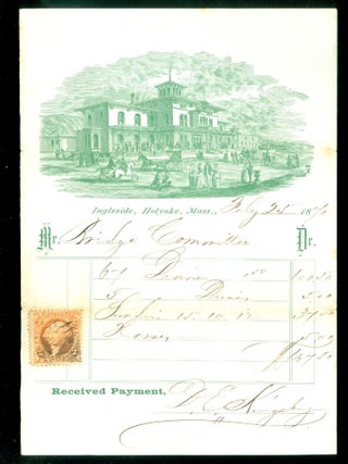 Documents associated with the early development of the Holyoke to South Hadley Falls Bridge including pledge petition, receipt for survey and plans, and bill heads for material printing and Bridge Committee dinner receipt 1870.