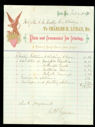 Documents associated with the early development of the Holyoke to South Hadley Falls Bridge including pledge petition, receipt for survey and plans, and bill heads for material printing and Bridge Committee dinner receipt 1870.