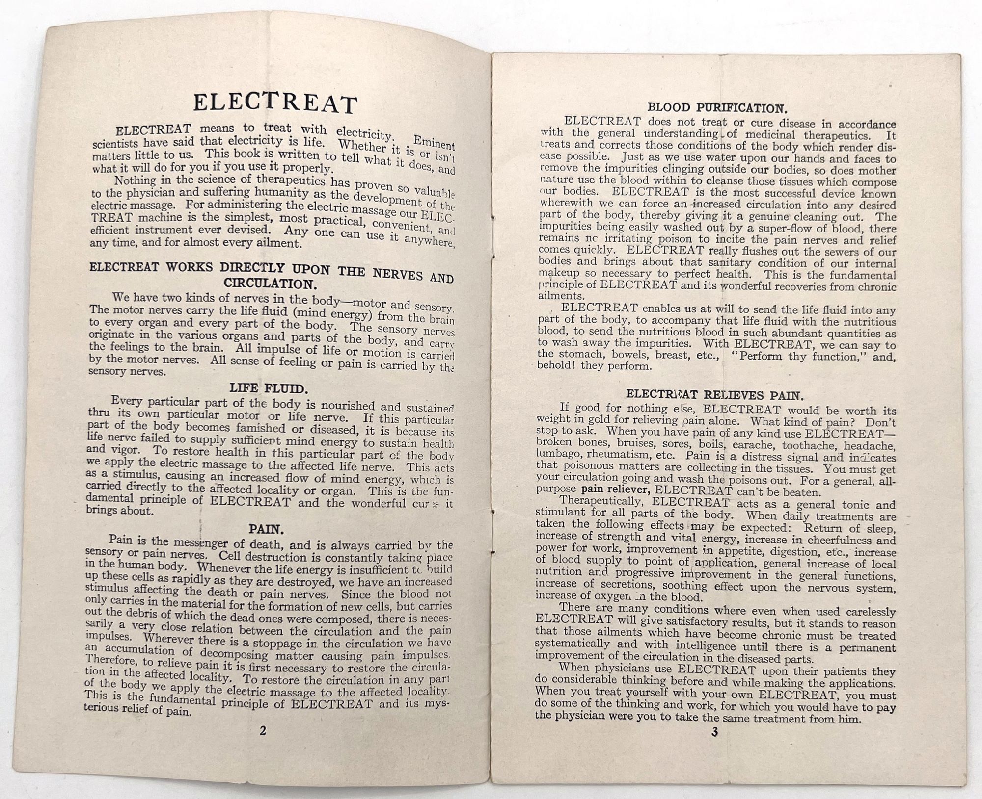 Electreat Relieves Pain -- Pain Relief Device Advertising Booklet