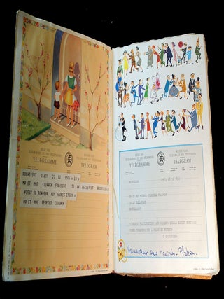 Family Album Containing 32 Illustrated color Belgium telegrams for 2 Weddings 1940s-1950s.