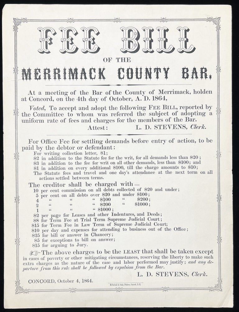 Item #260006298 Fee Bill of the Merrimack County Bar. Clerk L D. Stevens.