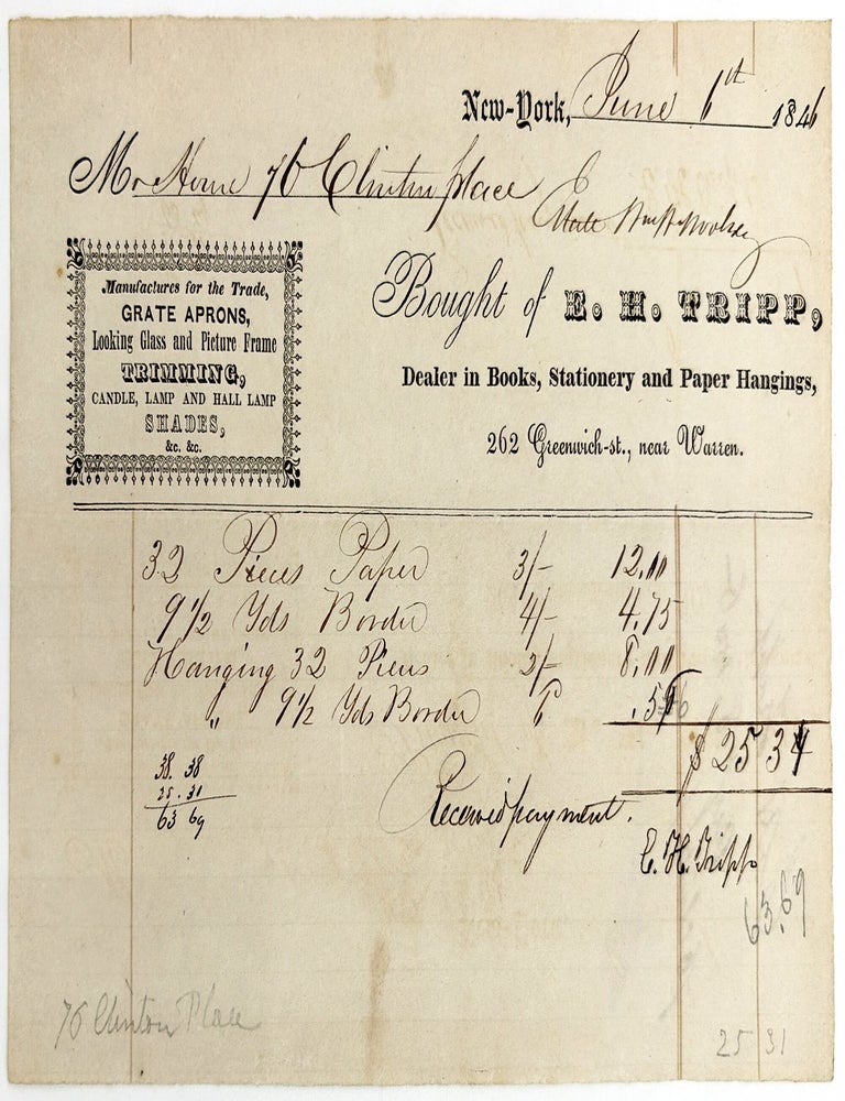 Item #260006884 1840s Advertising Billhead for Lower Manhattan Stationer