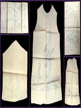A pencil drawn kimono pattern with ornate decoration including serpents, coy, a stormy sea, heron overhead and more