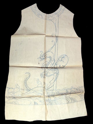 A pencil drawn kimono pattern with ornate decoration including serpents, coy, a stormy sea, heron overhead and more