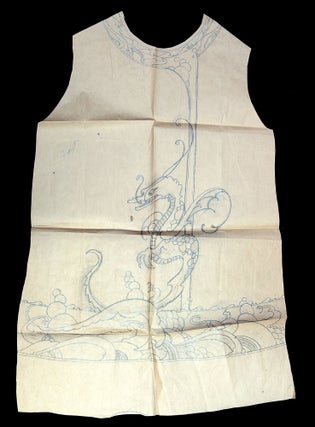 A pencil drawn kimono pattern with ornate decoration including serpents, coy, a stormy sea, heron overhead and more