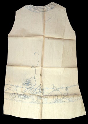 A pencil drawn kimono pattern with ornate decoration including serpents, coy, a stormy sea, heron overhead and more