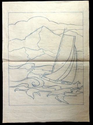 A pencil drawn kimono pattern with ornate decoration including serpents, coy, a stormy sea, heron overhead and more