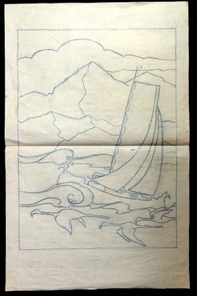 A pencil drawn kimono pattern with ornate decoration including serpents, coy, a stormy sea, heron overhead and more