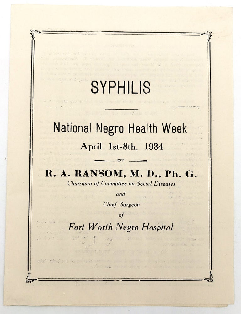 Item #26008048 "Syphilis" -- 1934 National Negro Health Week Lecture. M. D. R A. Ransom, Ph G.