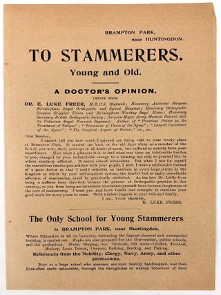 Item #26008995 "To Stammerers" -- Promotional Leaflet for "The Only School for...