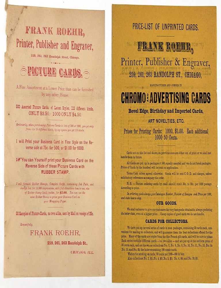 Item #26009107 Price Lists for "Frank Roehr, Printer, Publisher and Engraver" -- Victorian Advertising Cards, Advertising Blotters, Novelties