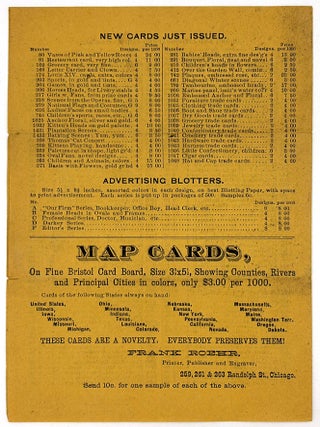 Price Lists for "Frank Roehr, Printer, Publisher and Engraver" -- Victorian Advertising Cards, Advertising Blotters, Novelties
