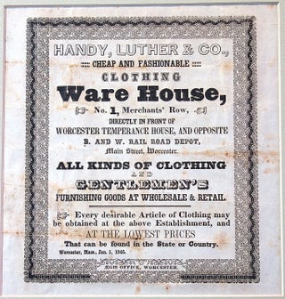 Item #26019135 WORCESTER, MASSACHUSETTS BROADSIDE ADVERTISEMENT - Handy Luther & Co. Clothing...