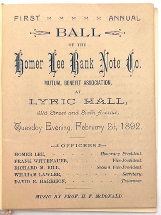 Dance Card for the First Annual Ball of the Homer Lee Bank Note Co. Mutual Benefit Association