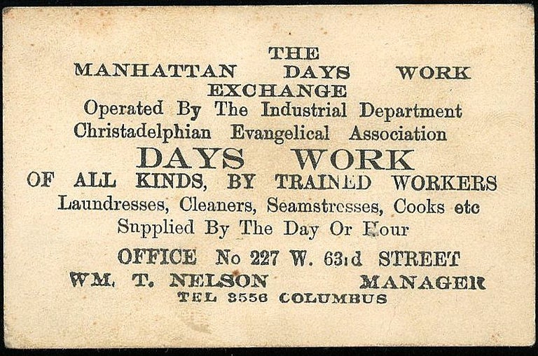 Item #27003526 Business Card - The Manhattan Days Work Exchange, Operated by the Industrial Department Christadelphian Evangelical Association
