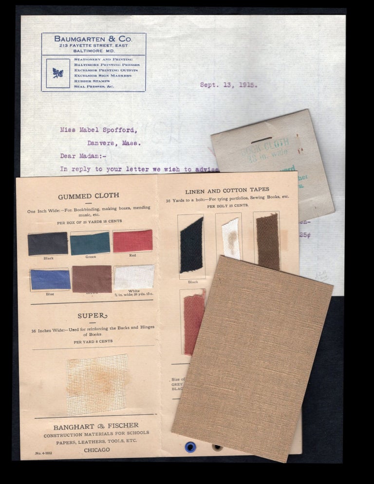 Item #27003921 Salesman Samples - Gummed Cloth, Linen and Cotton Tapes,Snap Fastener Buttons, Celluloid Eyelets, Book Cloth & Russet Crepe - Bookbinding Supplies