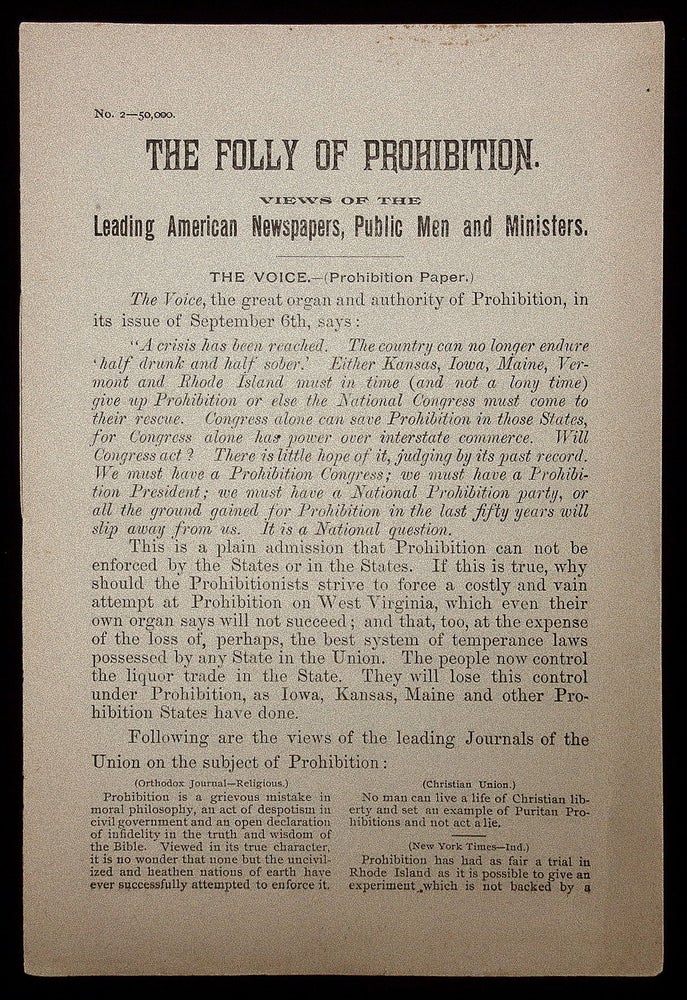 Item #27005240 The Folly of Prohibition: Views of Leading American Newspapers, Public Men and Ministers