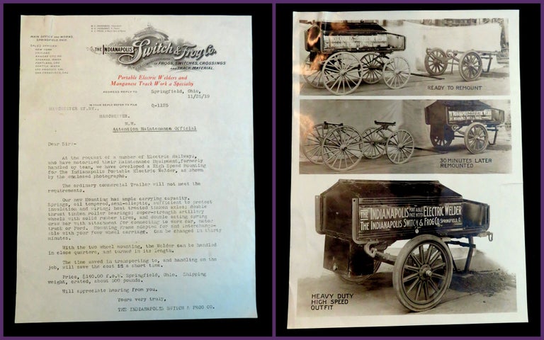 Item #27005325 Letter and Photographs of the Indianapolis Switch & Frog Co. Promoting Portable Electric Welder