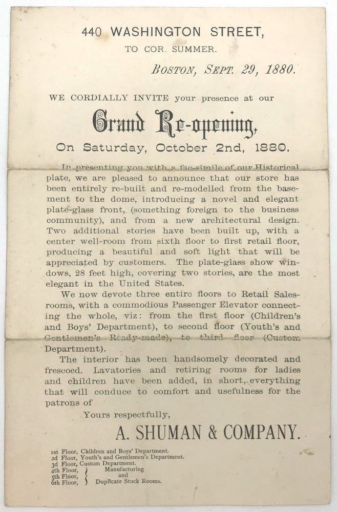 Item #27005639 Handbill Advertising the Grand Re-Opening of Boston Department Store A. Schuman & Company