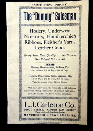 The "Dummy" Salesman - Hosiery, Underwear, Notions, Handkerchiefs, Ribbons, Fleischer's Yarns, Leather Goods - L. J. Carleton Co.