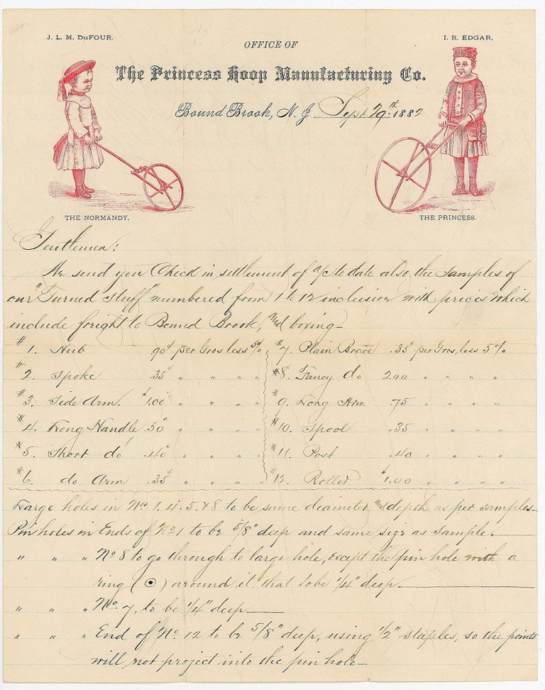 Item #28001856 Illustrated Letterhead with specifications for "turned stuff" for hoops with handles