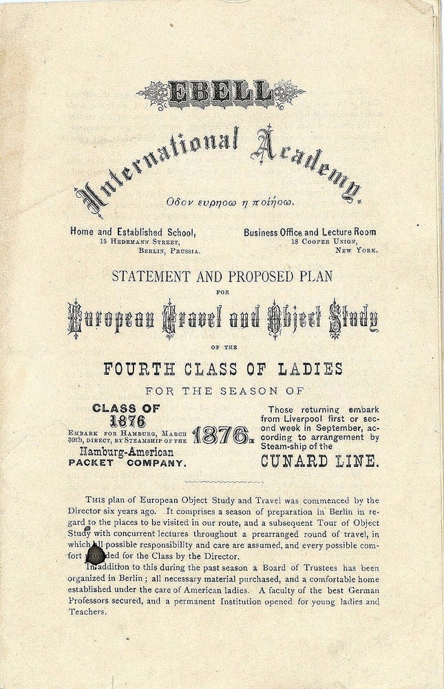 Item #28001885 Ebell International Academy - Statement and Proposed Plan European Travel and Object Study of the fourth Class of Ladies