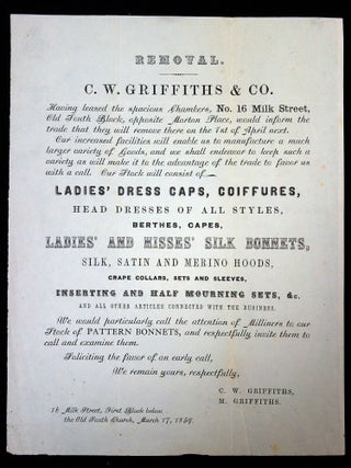 Item #28015403 C.W. Griffiths & Co Notice of Business Expansion and Advertising broadside. C W....