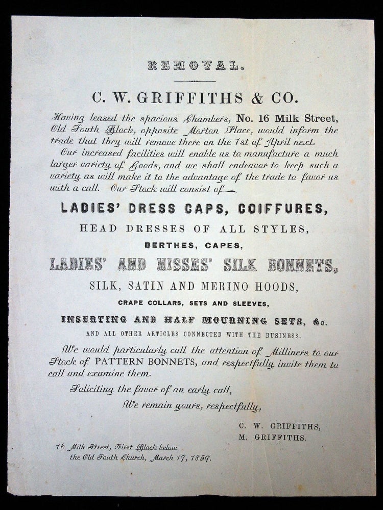 Item #28015403 C.W. Griffiths & Co Notice of Business Expansion and Advertising broadside. C W. Griffiths, Co.