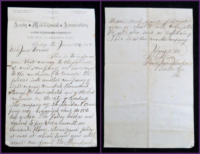 Item #29001073 Correspondence From the Amity Matrimonial Association for Unmarried Persons. W. H. Wise.