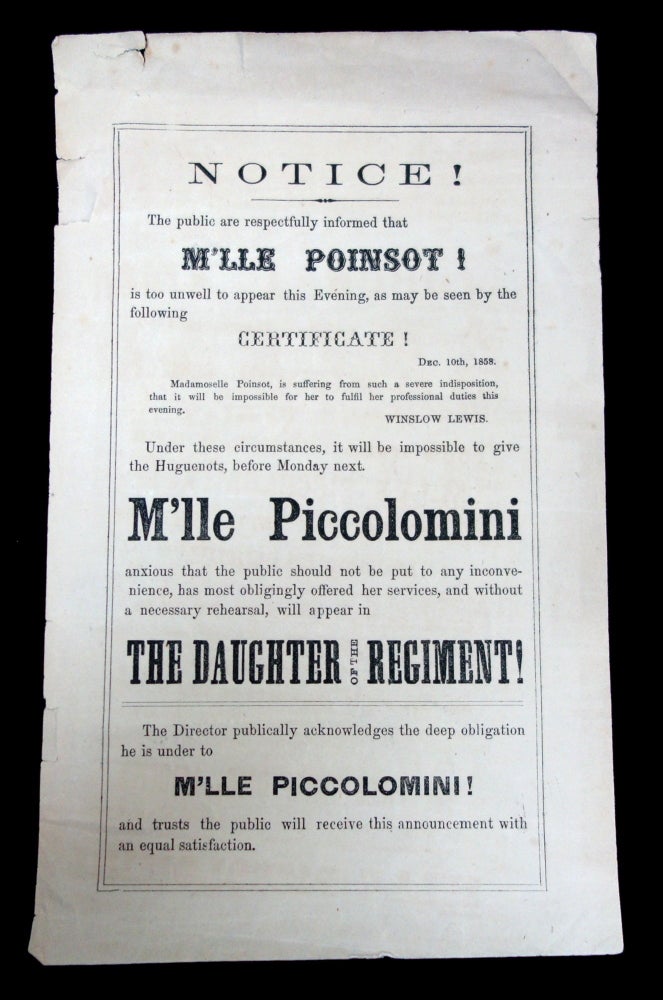 Item #29001364 Theater Understudy Notice, M'lle Poinsot is Replaced by M'lle Piccolomini, The Daughter of the Regiment