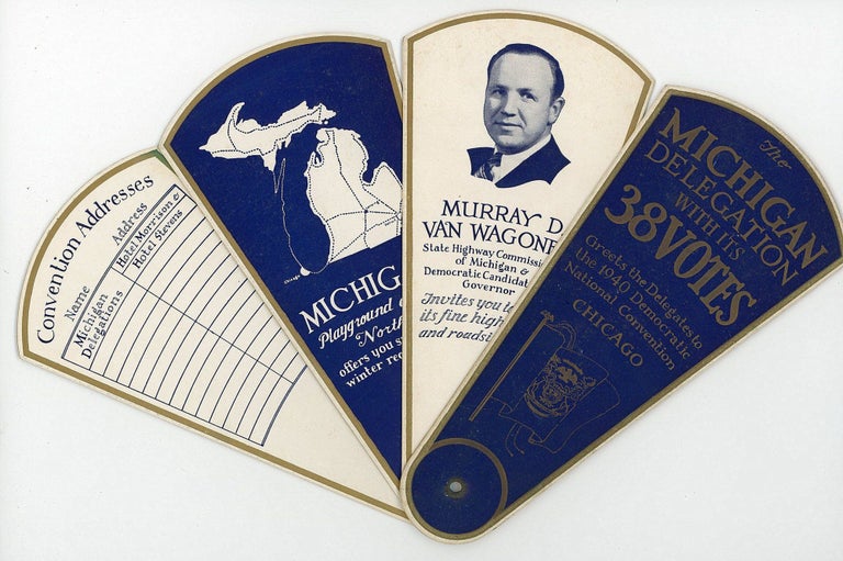 Item #29001733 Multipurpose die-cut hand fan - advertising and program & more - The Michigan Delegation with it's 38 Votes - 1940 Democratic National Convention.