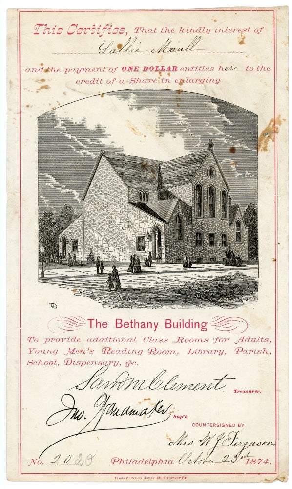 Item #29001735 Stock Share Certificate for the Bethany Building, A Fundraising Campaign to Enlarge the Bethany's Presbyterian Church. John W. Wanamaker.