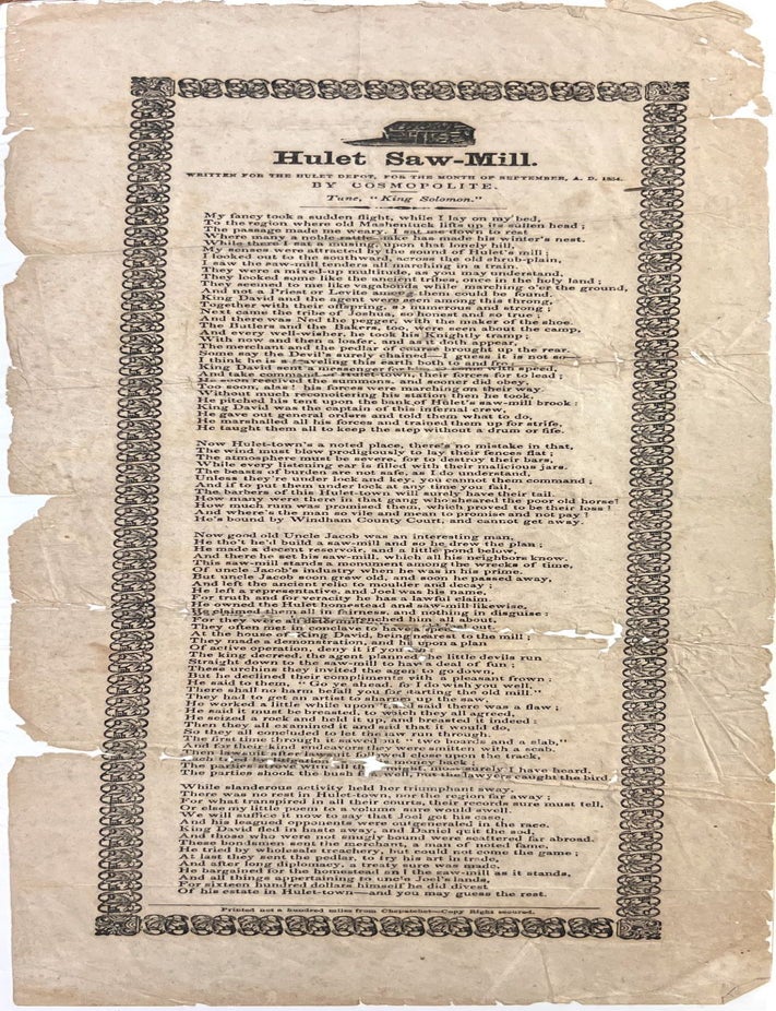 Item #29017690 Hulet Saw Mill, Poem Published on Broadside.