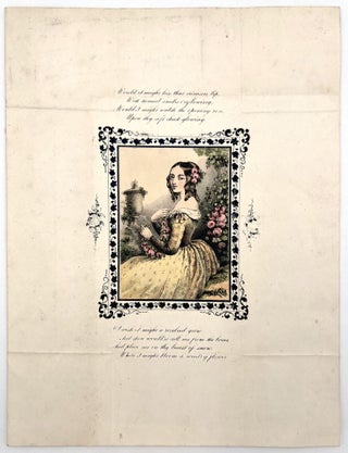 Item #30072 Color Lithograph Valentine with Watercolor Finishing - Lovely Lady in Rose Garden