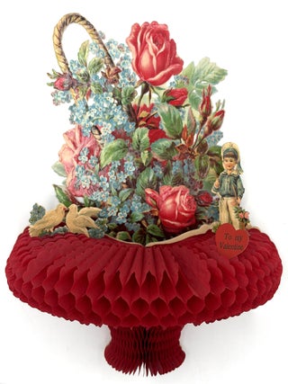 Item #55242 Victorian Valentine Die-cut Scrap of Bouquet of Roses with Bright Red Honeycomb Basket