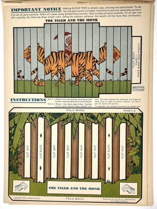 Uncut Playset - Six Kut-up Toys - All Mechanical, illustrated by Medford Thorne. Fisherman, Sawyers, Pin-wheel, Elephant, Duck Rocker, and Tiger and Monk. Copyright 1930