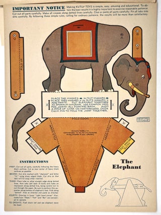 Uncut Playset - Six Kut-up Toys - All Mechanical, illustrated by Medford Thorne. Fisherman, Sawyers, Pin-wheel, Elephant, Duck Rocker, and Tiger and Monk. Copyright 1930
