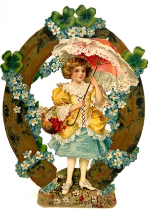 Item #55360 Young Girl w Pink Lacy Parasol Stands Beneath Horse Shoe with 4 Leaf Clovers and...