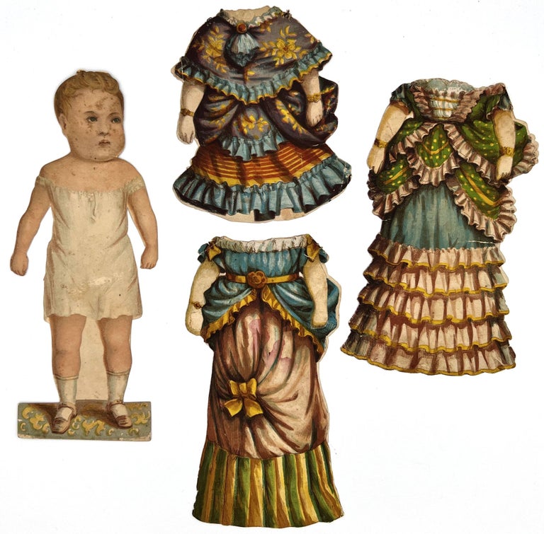 Item #55595 Two-sided 11” Baby Blue McLoughlin Paper Doll with 3 Costumes, Dolly Varden Dolls Series c1876