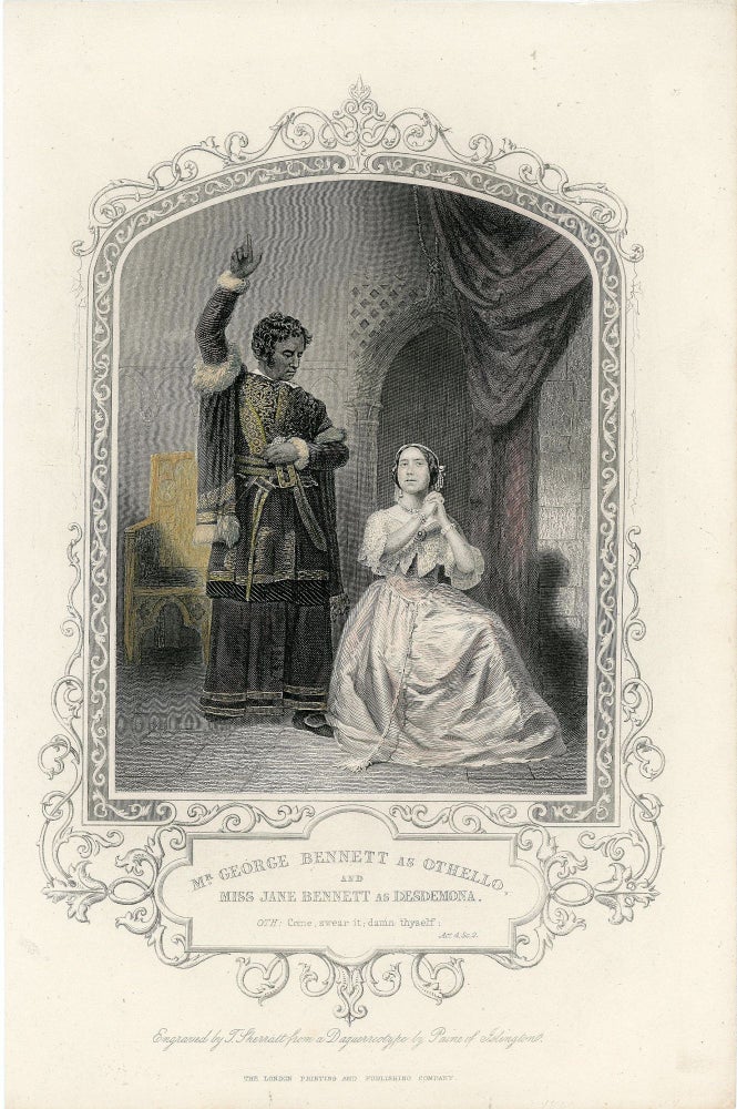 Item #8500019 Mr. George Bennett as Othello and Miss Jane Bennett as Desdemona. Othello Act 4, Sc.2 Stipple Engraving. T. Sherratt Mayall, Daguerreotype, sc.
